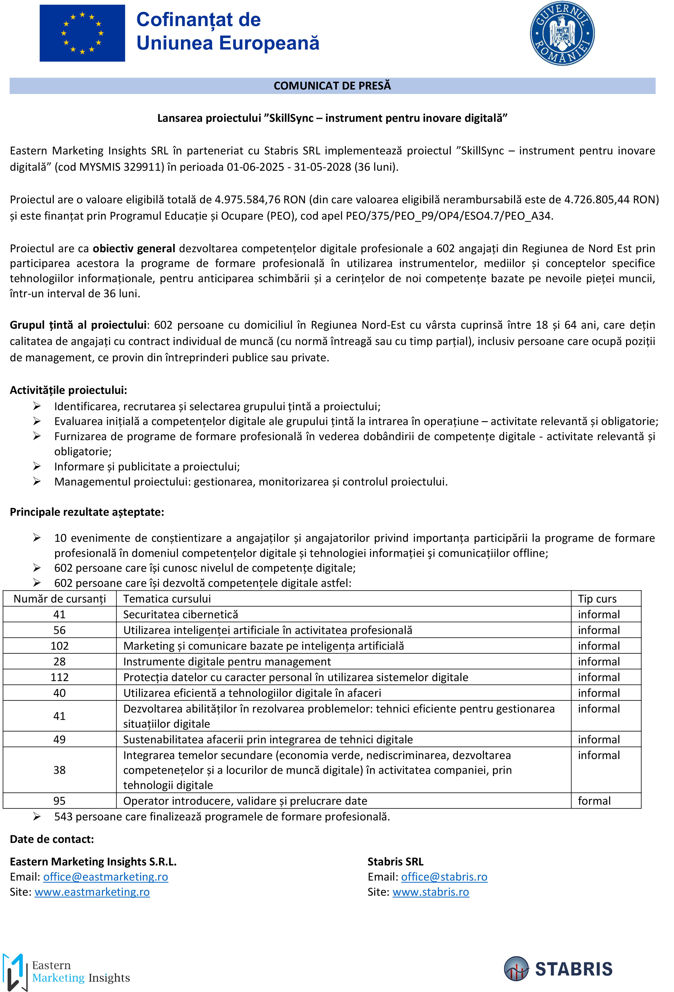 Lansarea proiectului ”SkillSync – instrument pentru inovare digitală”  Eastern Marketing Insights SRL
