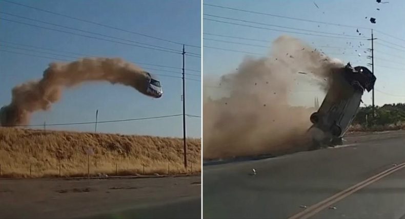 Accident spectaculos în California: O șoferiță zboară cu mașina peste liniile de înaltă tensiune