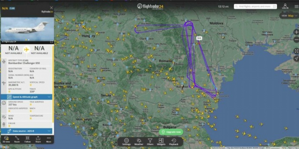Un avion misterios patrulează de ore bune pe cerul României. Este Bombardier Challenger 650, iar datele zborului au fost ascunse