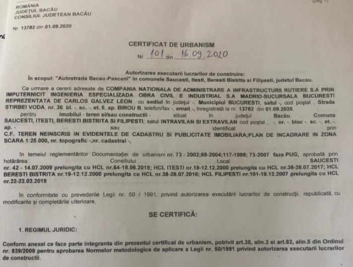  Certificat de urbanism pentru Autostrada A7, tronsonul Bacău