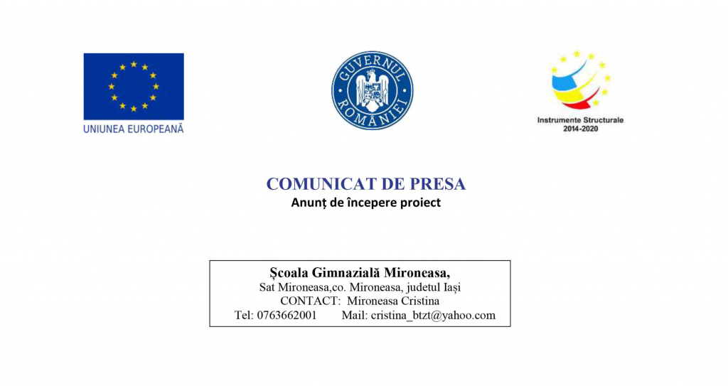 Școala Gimnazială Mironeasa, judetul Iași– Consolidarea capacității Școlii Gimnaziale Mironeasa în vederea gestionării situației de pandemie generată de virusul SARS-COV- 2, finanțat prin Programul Operațional Infrastructura Mare 2014-2020