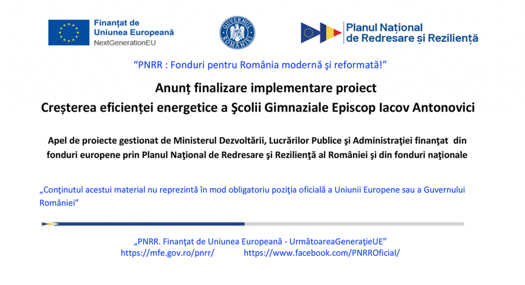  PNRR: Municipiul Bârlad anunţă finalizarea lucrărilor de construire la proiectul “Creșterea eficienței energetice a Şcolii Gimnaziale Episcop Iacov Antonovici”