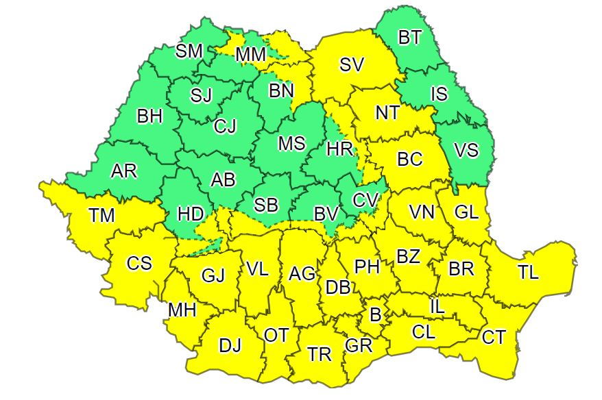 Cod galben de furtuni în 33 de județe