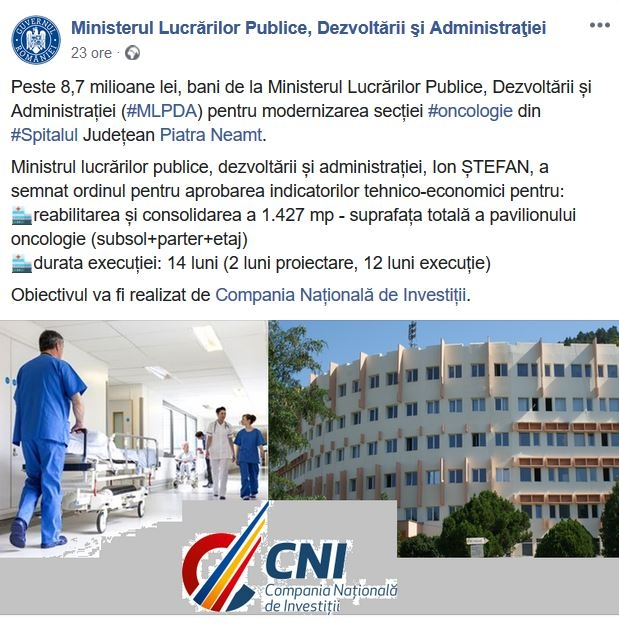 Modernizări de aproape 9 milioane de lei la Oncologie, la Piatra Neamț