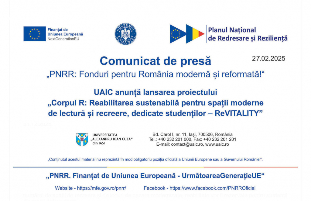 PNRR: UAIC anunță lansarea proiectului „Corpul R: Reabilitarea sustenabilă pentru spații moderne  de lectură și recreere, dedicate studenților – ReVITALITY”