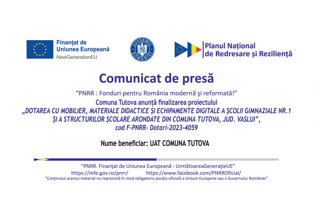 PNRR: Comuna Tutova anunta finalizarea proiectului ”Dotarea cu mobiler, materiale didactice și echipamente digitale a Școlii Gimnaziale nr. 1 și a structurilor școlare arondate din comuna Tutova, jud. VASLUI” 