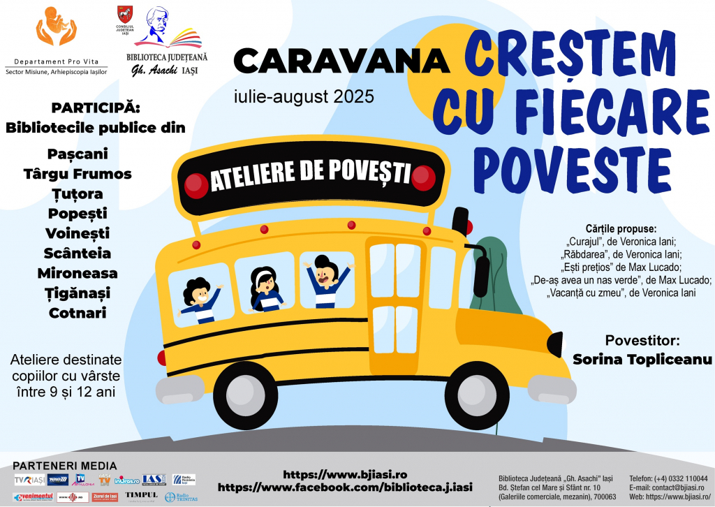 Caravana „Creștem cu fiecare poveste” continuă în județul Iași. Patru biblioteci și zeci de copii transformați prin lectură