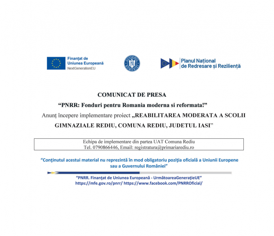 UAT COMUNA REDIU – Anunț începere implementare proiect „Reabilitarea moderata a Scolii Gimnaziale Rediu, Comuna REDIU, judetul Iasi”
