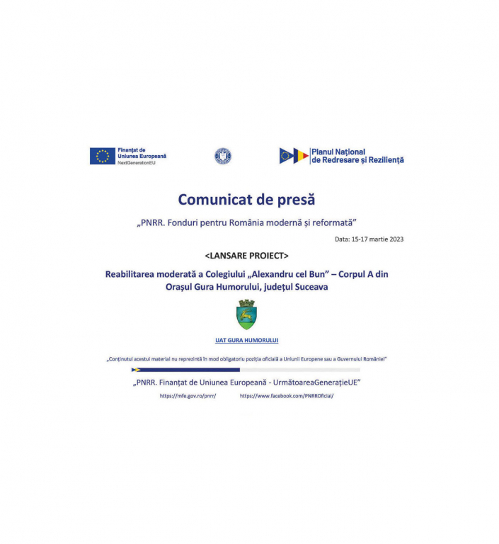 Orașul Gura Humorului – lansarea proiectului „Reabilitarea moderata a Colegiului ”Alexandru cel Bun” – Corpul A din Orașul Gura Humorului, județul Suceava