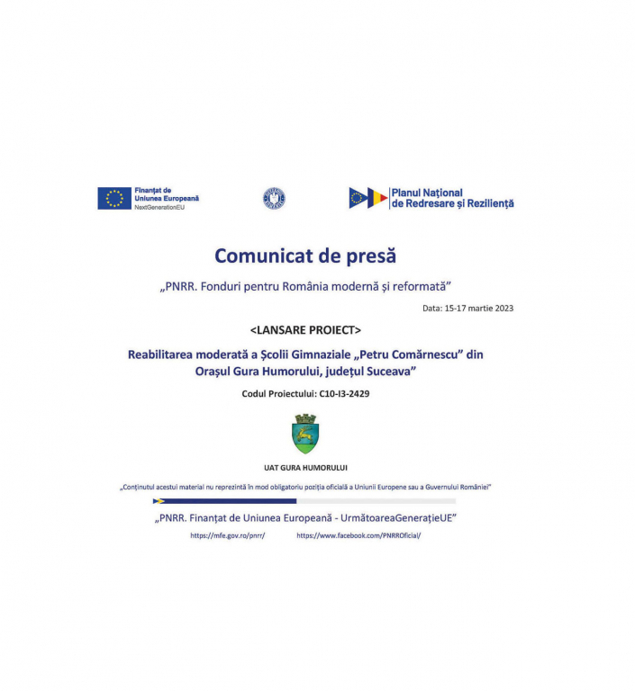 Orașul Gura Humorului – lansarea proiectului „Reabilitarea moderată a Școlii Gimnaziale „Petru Comărnescu” din Orașul Gura Humorului, județul Suceava