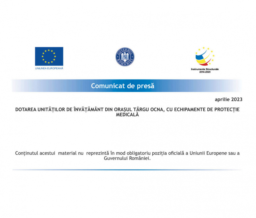 Dotarea unităţilor de învăţământ din ORAŞUL TÂRGU OCNA, cu echipamente de protecţie medicală