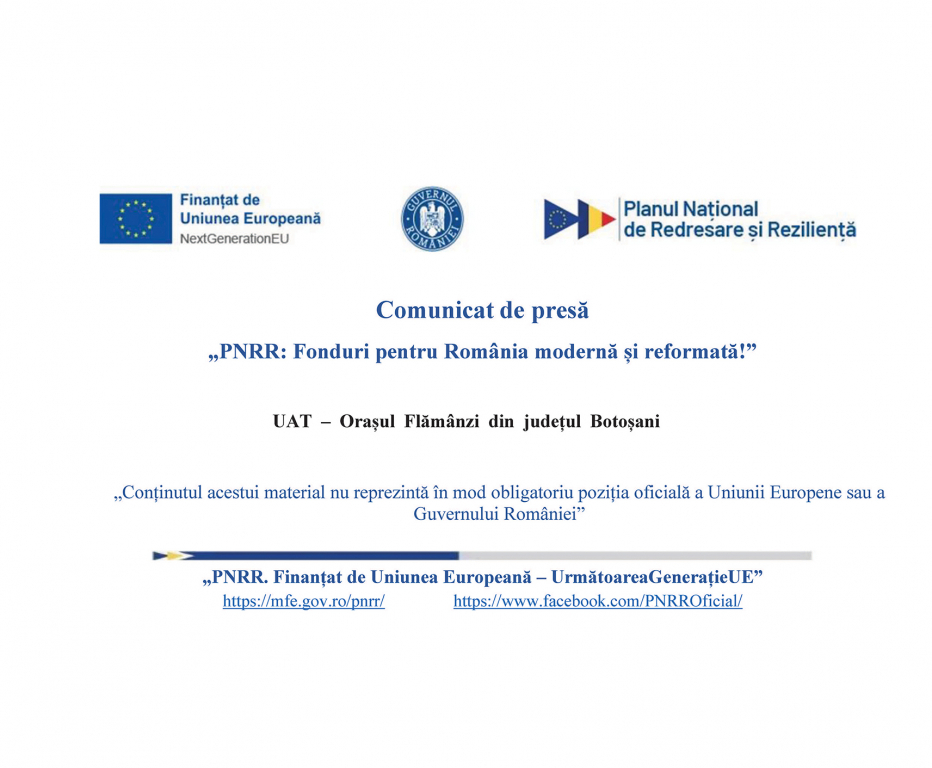UAT – Orașul Flămânzi din județul Botoșani – „Construire de locuințe pentru tineri si locuinte de serviciu pentru specialiști din sănătate și învățământ în orașul Flămânzi, județul Botoșani” prin „PNRR: Fonduri pentru România modernă și reformată!”