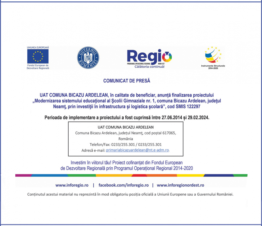 UAT COMUNA BICAZU ARDELEAN anunță finalizarea proiectului „Modernizarea sistemului educaţional al Şcolii Gimnaziale nr. 1, comuna Bicazu Ardelean, judeţul Neamţ, prin investiţii în infrastructura şi logistica şcolară”,