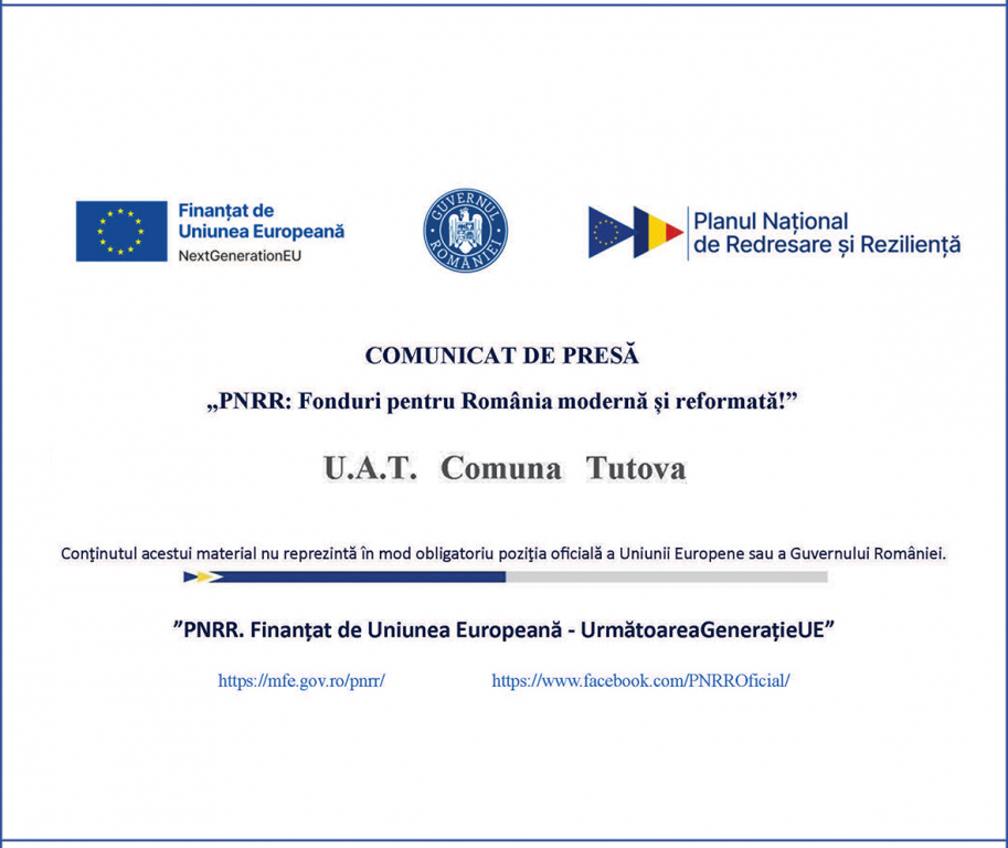 PNRR: U.A.T. Comuna Tutova, Beneficiar, anunță demararea proiectului ,,Dotarea cu mobilier, materiale didactice și echipamente digitale a Școlii Gimnaziale nr. 1 sat Tutova și a structurilor școlare arondate din comuna Tutova, județul Vaslui