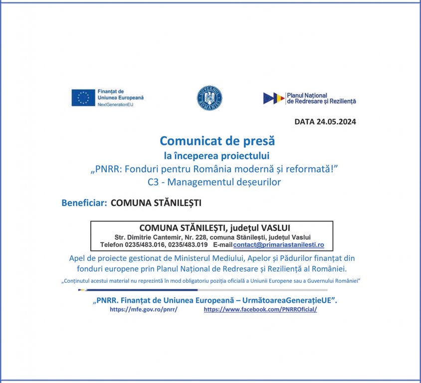 PNRR:COMUNA STĂNILEȘTI – „Înființarea unui centru de colectare a deșeurilor prin aport voluntar în comuna Stănilești, județul Vaslui”