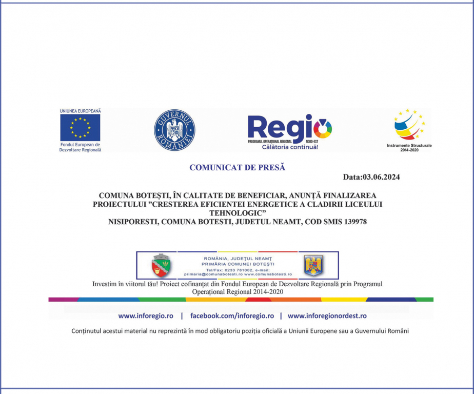 Comuna Botești, în calitate de beneficiar, anunță finalizarea proiectului ”Cresterea eficientei energetice a cladirii liceului tehnologic”