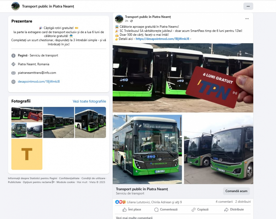 Atenție! Pagina de Facebook a Troleibuzul SA Neamț a fost clonată: linkuri false cu viruși circulă online