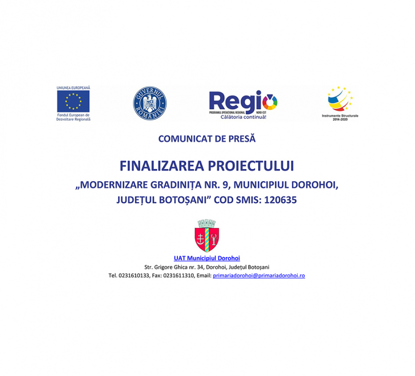 Finalizarea proiectului – „Modernizare gradinița nr. 9, municipiul Dorohoi,  Județul Botoșani” cod SMIS: 120635